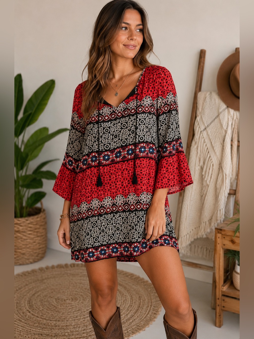 Takara Red Geometric Tunic Shift Dress Size Small